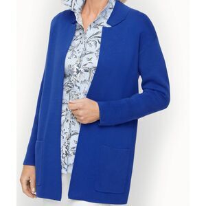 NWT Talbots Sweater Jacket Womens XS Cobalt Blue Notch Collar Open Cotton Knit